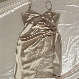 Elegant Satin Wrap Dress in Gold